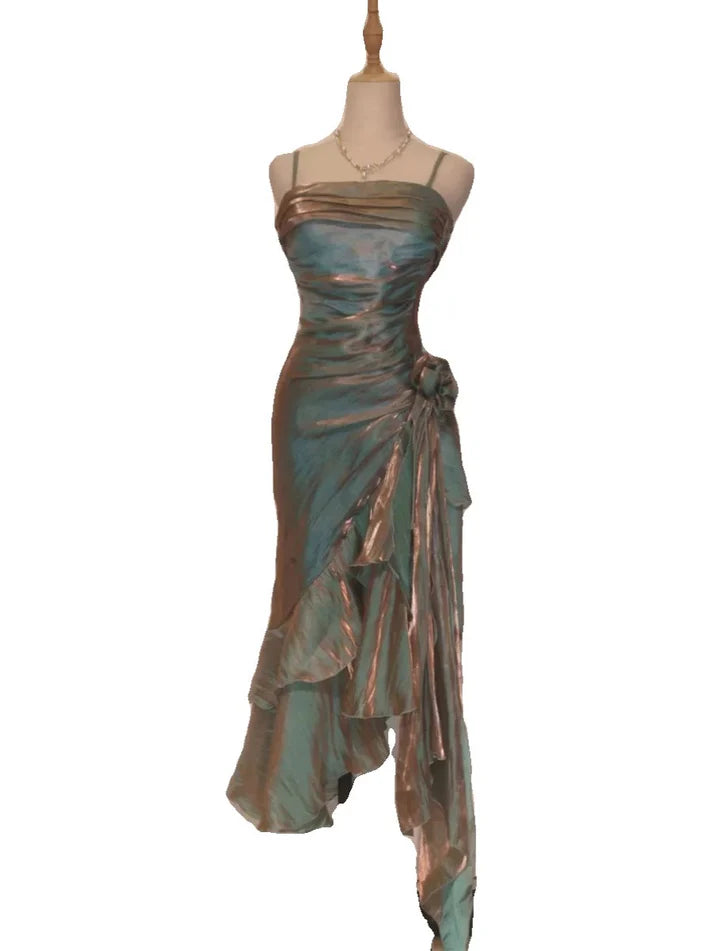 Vintage Elegant Spaghetti Strap Mermaid Ruffles Prom Dress Evening Dress DP6331