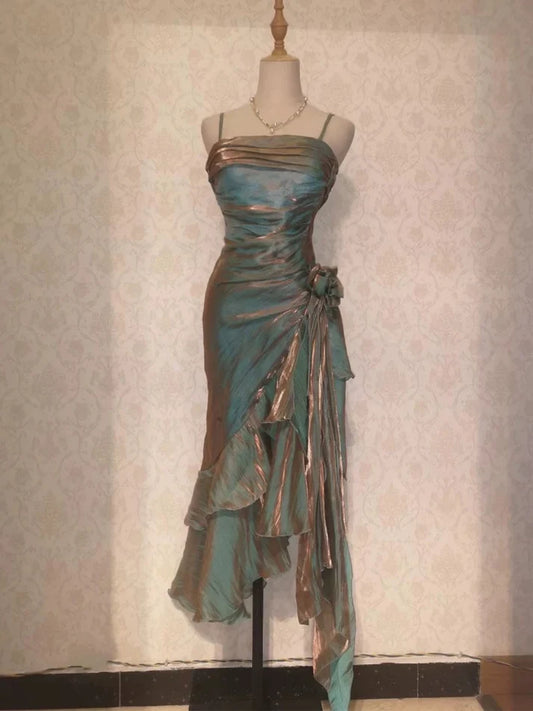 Vintage Elegant Spaghetti Strap Mermaid Ruffles Prom Dress Evening Dress DP6331