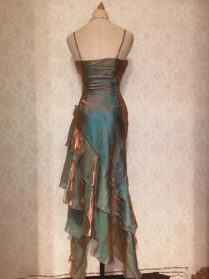 Vintage Elegant Spaghetti Strap Mermaid Ruffles Prom Dress Evening Dress DP6331