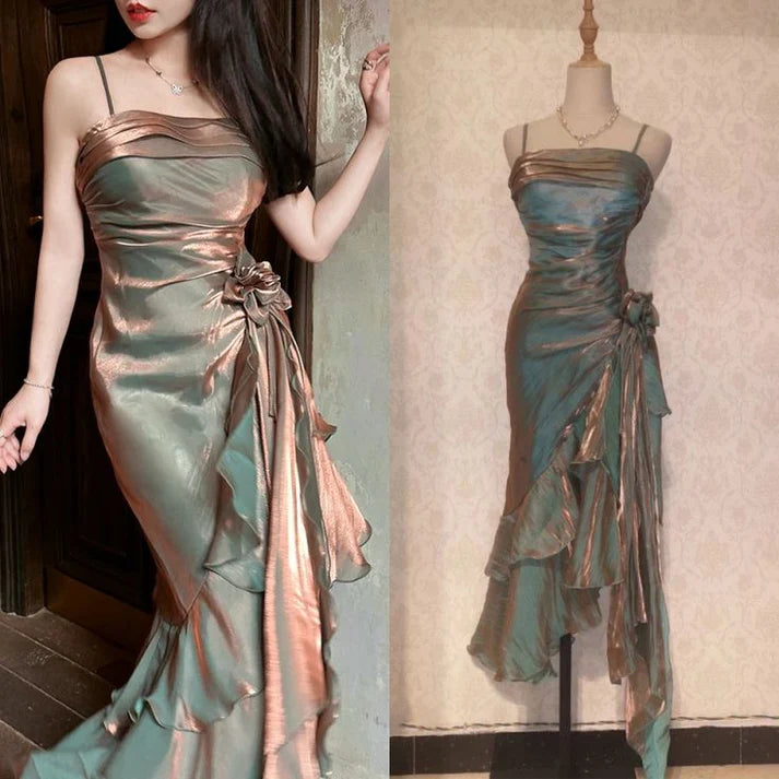 Vintage Elegant Spaghetti Strap Mermaid Ruffles Prom Dress Evening Dress DP6331