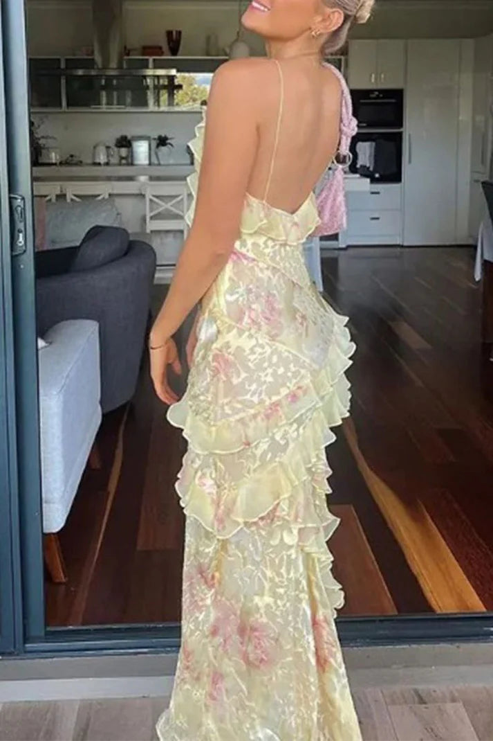 Vintage Floral Spaghetti Strap Ruffles Mermaid Chiffon Long Prom Dress Evening Dress DP6337