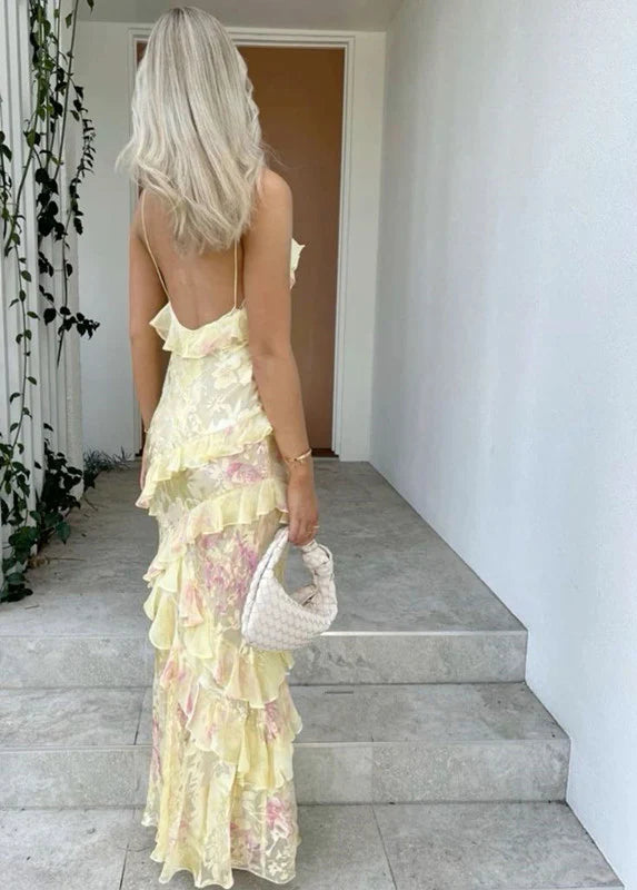 Vintage Floral Spaghetti Strap Ruffles Mermaid Chiffon Long Prom Dress Evening Dress DP6337