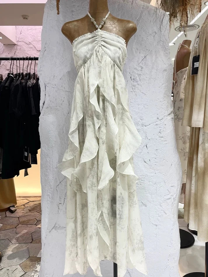 Floral Ruffle Design Halter Dress Elegant A-line Chiffon Evening Party Dress DP6129