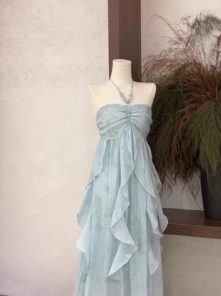 Floral Ruffle Design Halter Dress Elegant A-line Chiffon Evening Party Dress DP6129