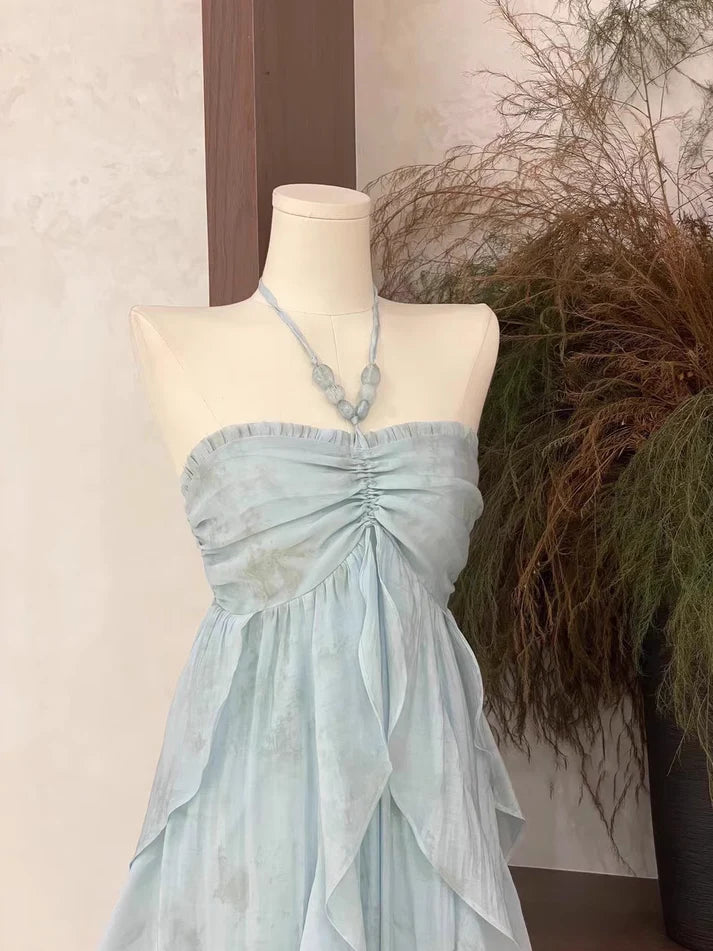 Floral Ruffle Design Halter Dress Elegant A-line Chiffon Evening Party Dress DP6129