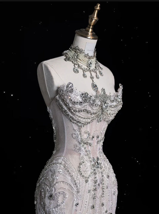 Trägerloses Prinzessinnen-Brautkleid im Meerjungfrauen-Design mit funkelnden Perlen im Vintage-Stil, DP6116