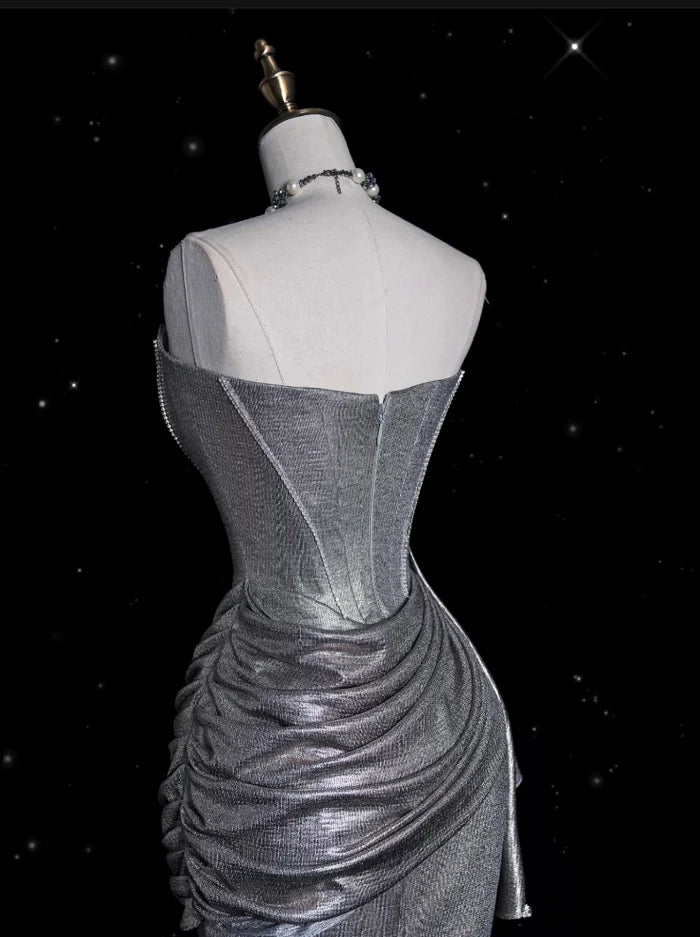 Retro Silvery Strapless Mermaid High Slit Prom Dress Evening Dress DP6352