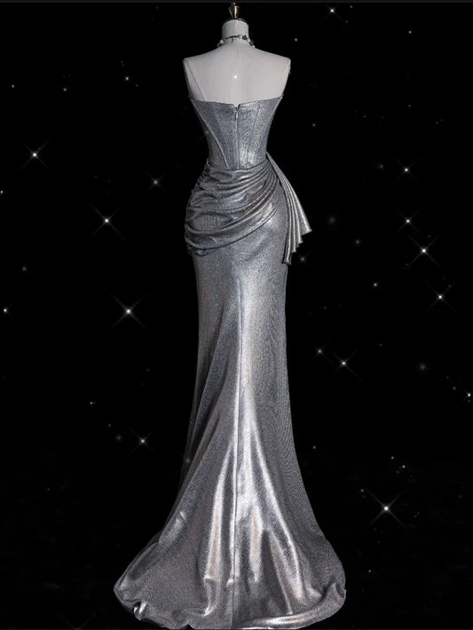 Retro Silvery Strapless Mermaid High Slit Prom Dress Evening Dress DP6352