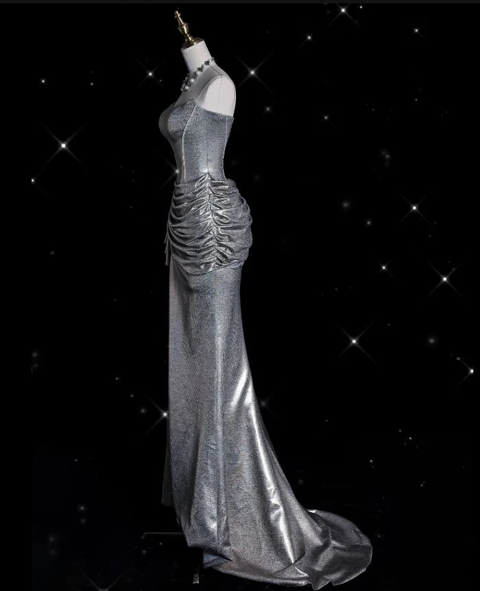 Retro Silvery Strapless Mermaid High Slit Prom Dress Evening Dress DP6352