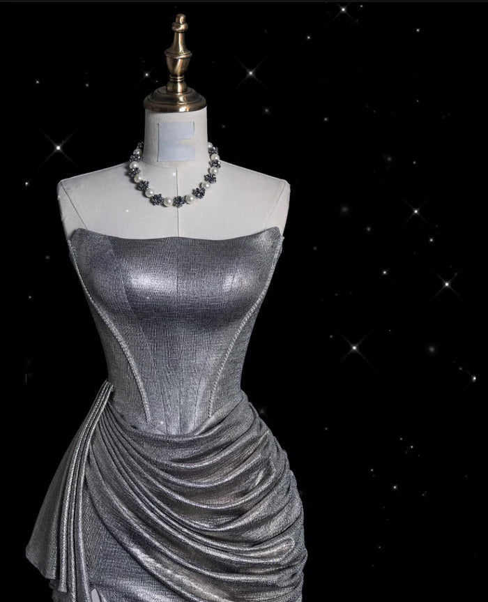 Retro Silvery Strapless Mermaid High Slit Prom Dress Evening Dress DP6352