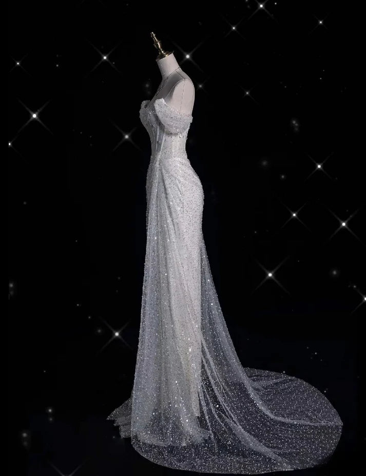 Elegantes, funkelndes, schulterfreies Prinzessinnen-Brautkleid im Meerjungfrauen-Design mit Pailletten, DP6117