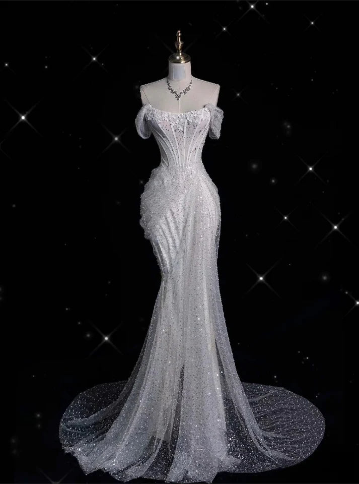 Elegantes, funkelndes, schulterfreies Prinzessinnen-Brautkleid im Meerjungfrauen-Design mit Pailletten, DP6117