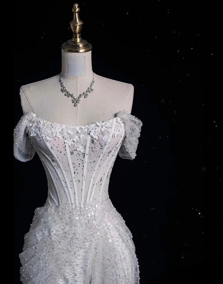 Elegantes, funkelndes, schulterfreies Prinzessinnen-Brautkleid im Meerjungfrauen-Design mit Pailletten, DP6117