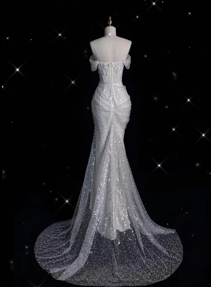 Elegantes, funkelndes, schulterfreies Prinzessinnen-Brautkleid im Meerjungfrauen-Design mit Pailletten, DP6117