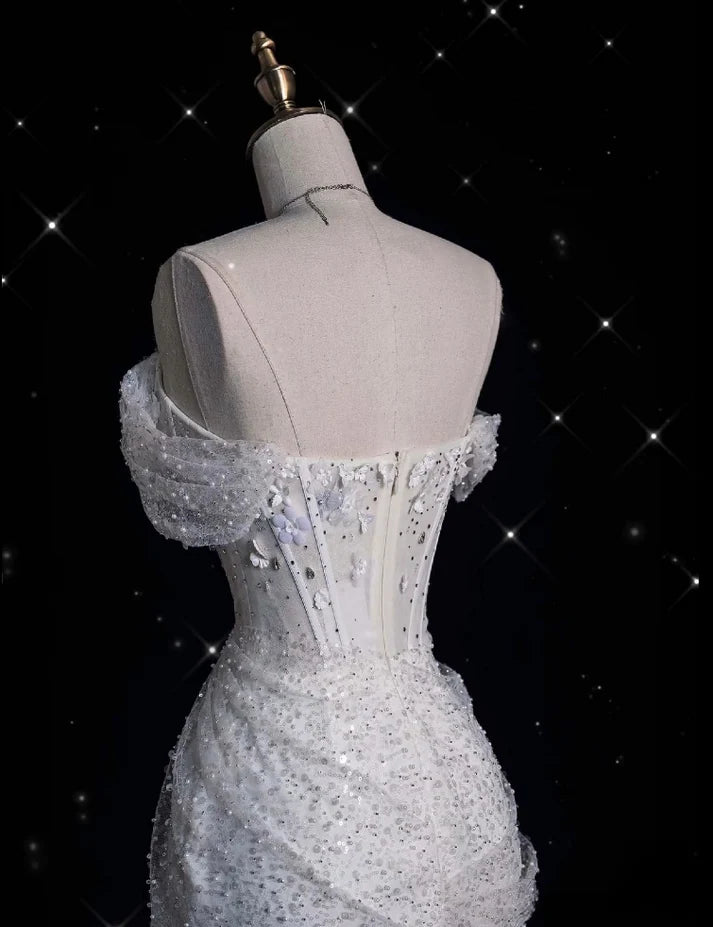 Elegantes, funkelndes, schulterfreies Prinzessinnen-Brautkleid im Meerjungfrauen-Design mit Pailletten, DP6117