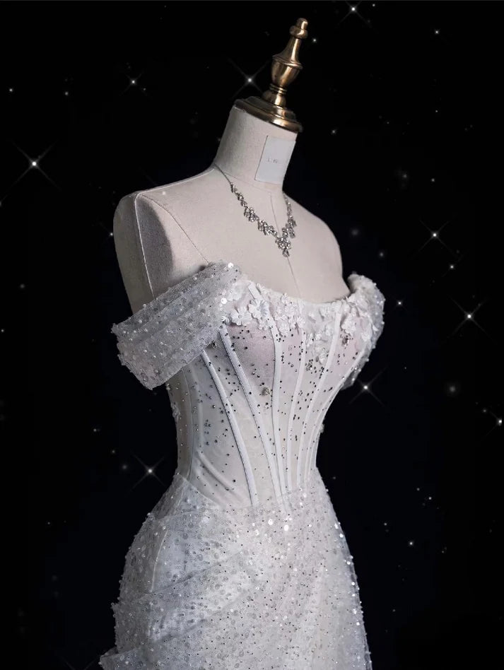 Elegantes, funkelndes, schulterfreies Prinzessinnen-Brautkleid im Meerjungfrauen-Design mit Pailletten, DP6117