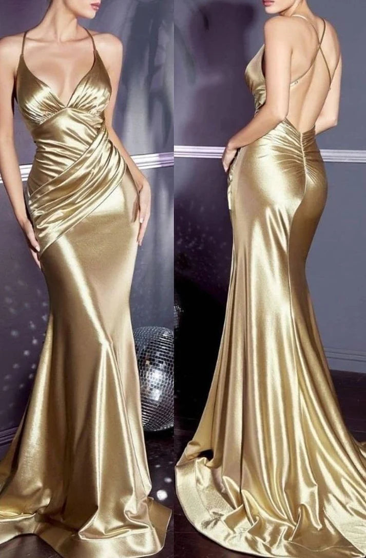 Gorgeous Golden Halter-neck Mermaid Floor-length Prom Dress Evening Dress DP6336