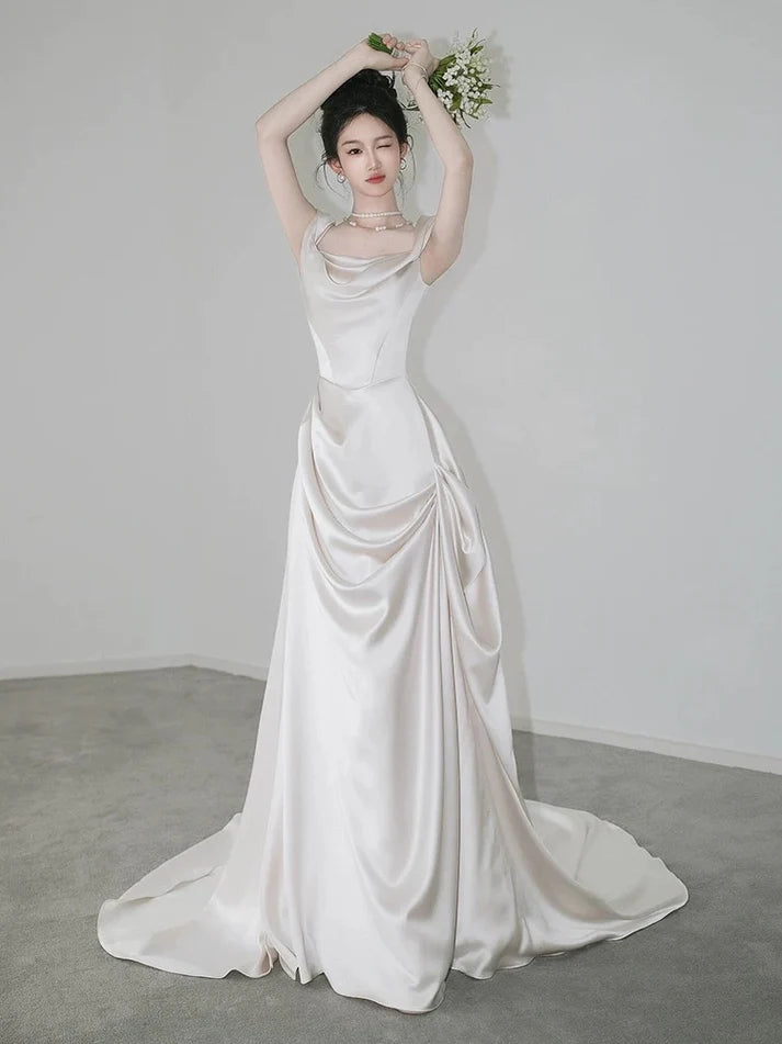 Robe de mariée trapèze élégante en satin, style rétro, épaules dénudées, longueur au sol, DP6114