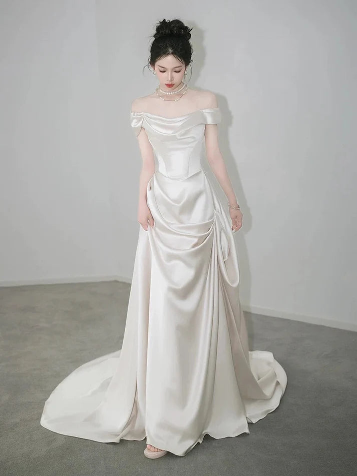 Robe de mariée trapèze élégante en satin, style rétro, épaules dénudées, longueur au sol, DP6114