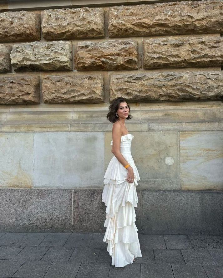 Enchanting White Strapless Ruffles High Slit Long Prom Dress Evening Dress DP6335