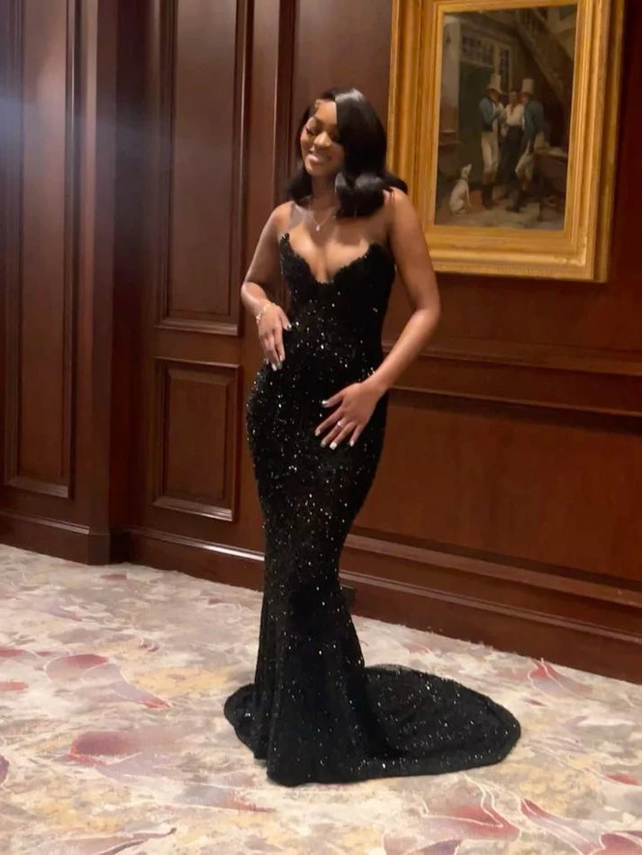 Sexy Black Glittering Sequined Beaded Sweetheart Strapless Mermaid Floor-length High Slit Prom Dress Evening Dress DP6330