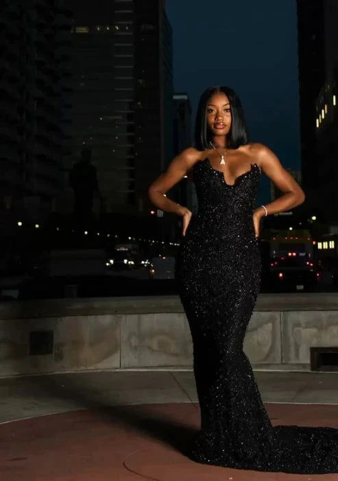 Robe de soirée sirène sexy noire à paillettes scintillantes et perles, décolleté en cœur, sans bretelles, longueur au sol, fente haute, DP6330