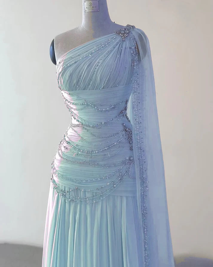 Vintage Glittering Beaded One-shoulder Prom Dress Evening Dress DP6321