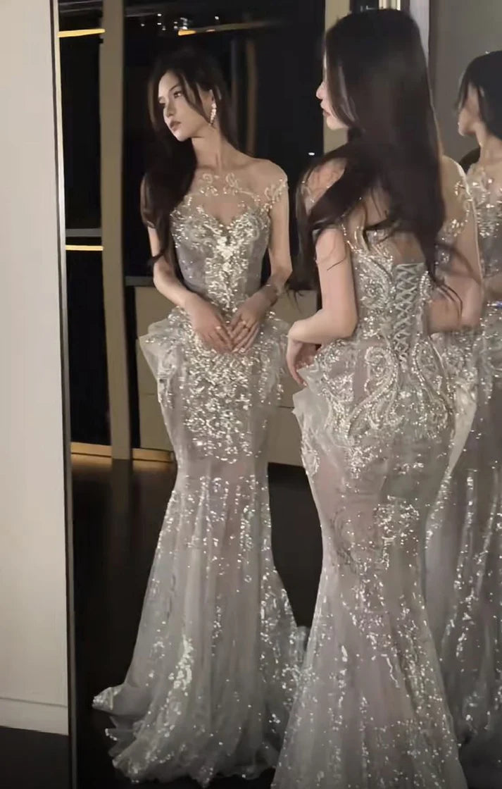 Elegant Silvery Shiny Sequin Mermaid Long Prom Dress Party Dress Evening Dress DP6463