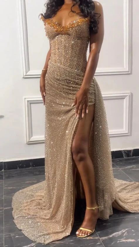Enchanting Shiny Champagne Beaded Strapless Slit Prom Dress Evening Dress DP6322