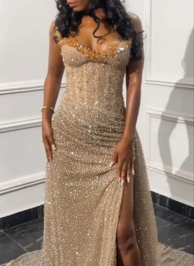 Enchanting Shiny Champagne Beaded Strapless Slit Prom Dress Evening Dress DP6322