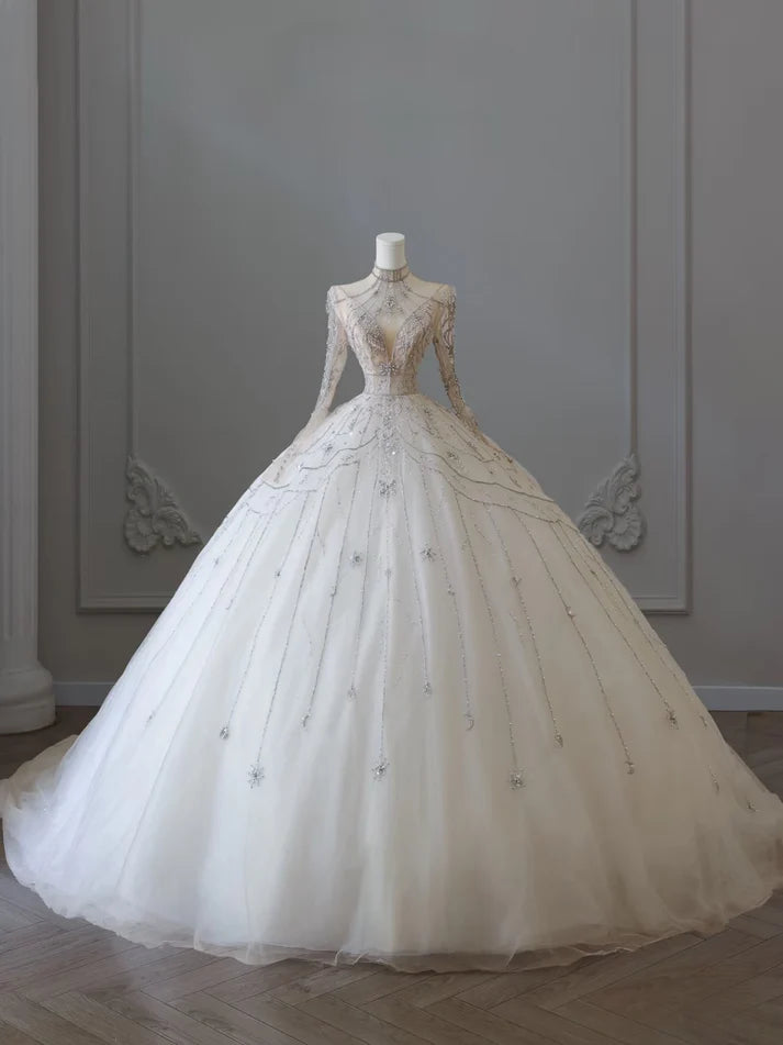 Vintage Sparkling Beaded Ball Gown Design A-Line Long-sleeved Princess Wedding Dress, DP6115