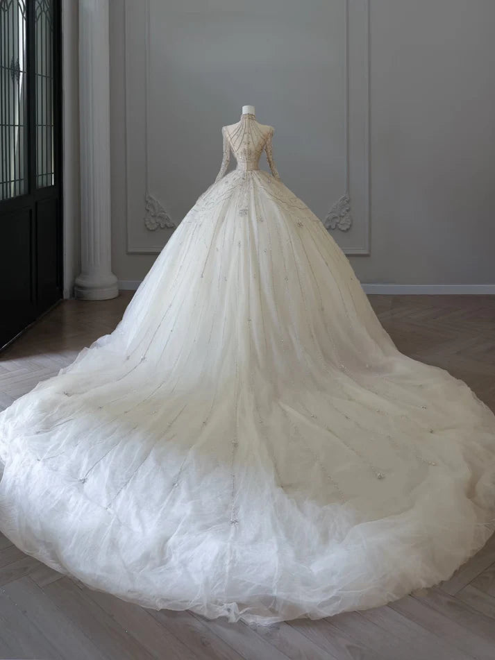 Vintage Sparkling Beaded Ball Gown Design A-Line Long-sleeved Princess Wedding Dress, DP6115