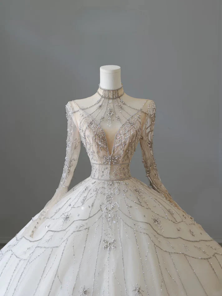 Vintage Sparkling Beaded Ball Gown Design A-Line Long-sleeved Princess Wedding Dress, DP6115