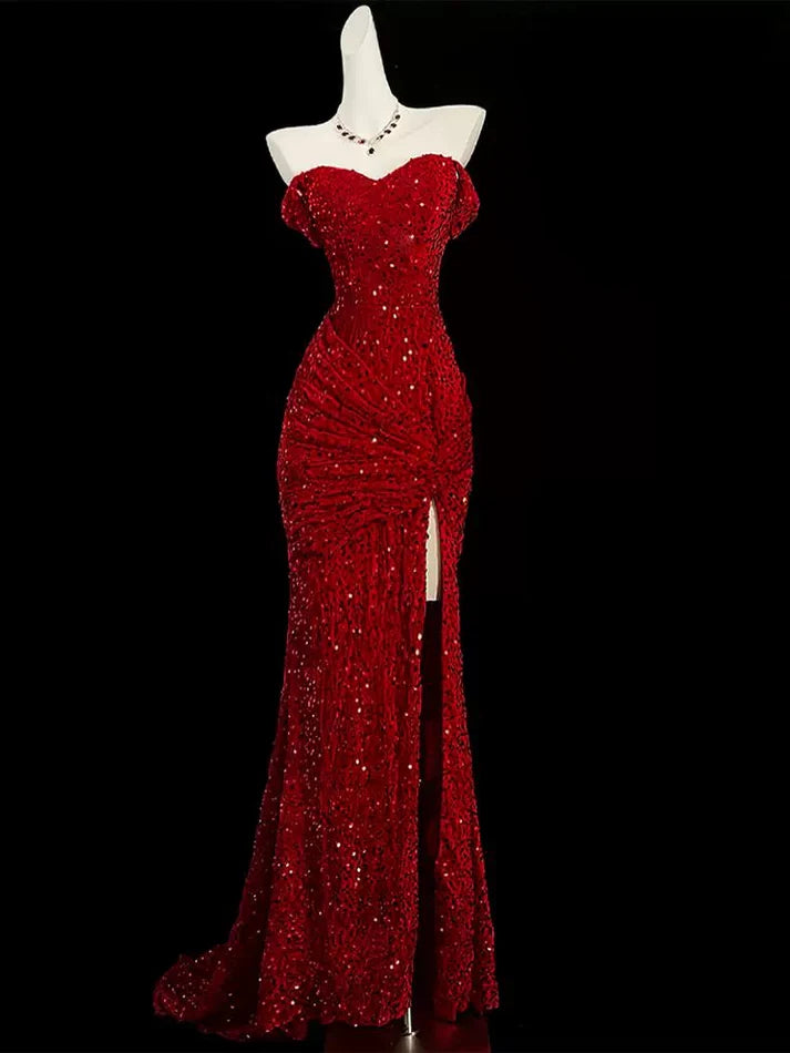 Enchanting Shiny Sequin Sweetheart Off-the-shoulder Mermaid Floor-length High Slit Prom Dress Evening Dress DP6334