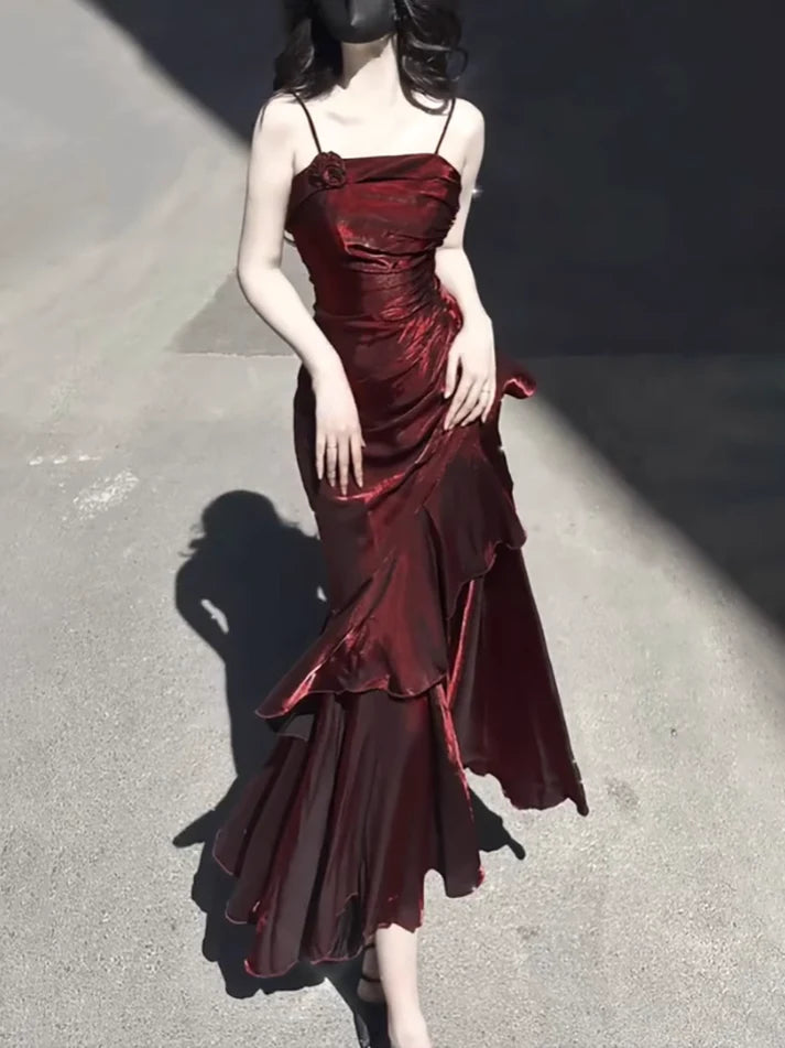 Vintage Burgundy Spaghetti Strap Ruffle Design Elegant A-line Evening Dress Prom Dress DP6130
