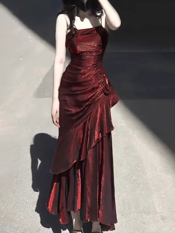 Vintage Burgundy Spaghetti Strap Ruffle Design Elegant A-line Evening Dress Prom Dress DP6130
