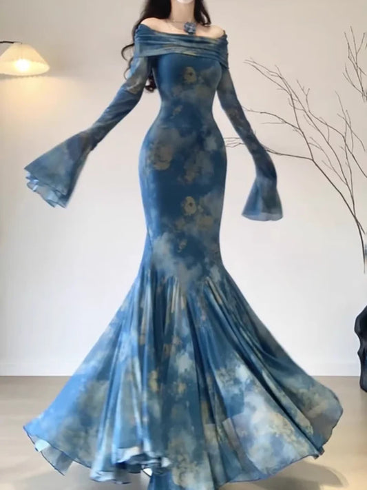 Robe de soirée sirène en mousseline de soie, élégante, bleu vintage, épaules dénudées, motif floral, DP6126