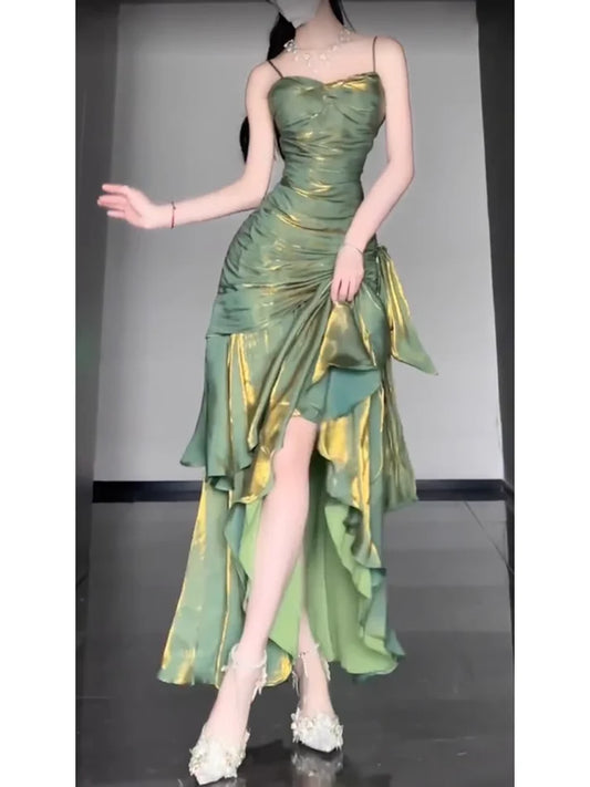 Vintage Green Spaghetti Strap Ruffle Design Elegant A-line Satin Evening Dress Prom Dress DP6128