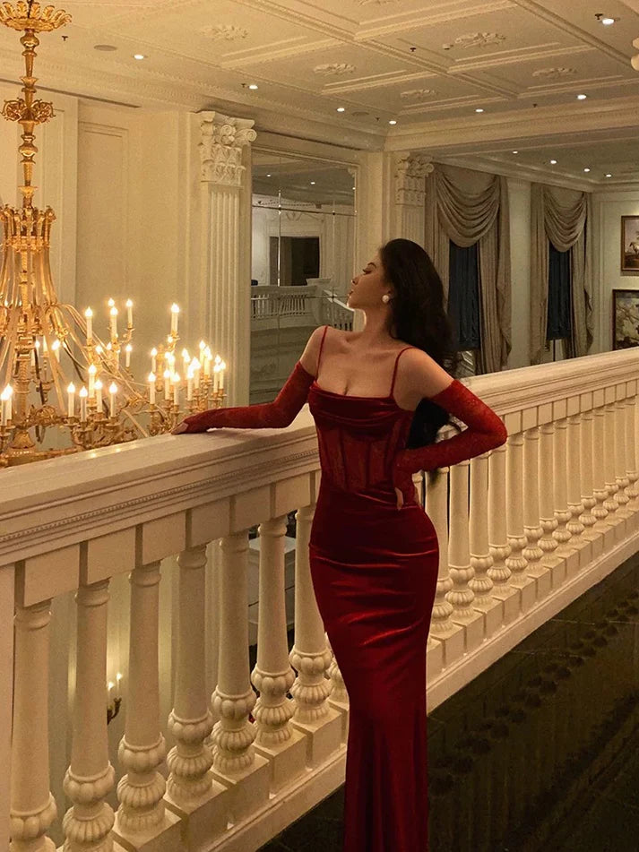 Vintage Red Spaghetti Strap Gloves Design Elegant Sheath Evening Dress Prom Dress DP6108