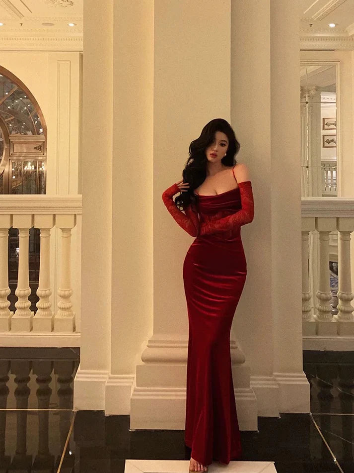 Vintage Red Spaghetti Strap Gloves Design Elegant Sheath Evening Dress Prom Dress DP6108
