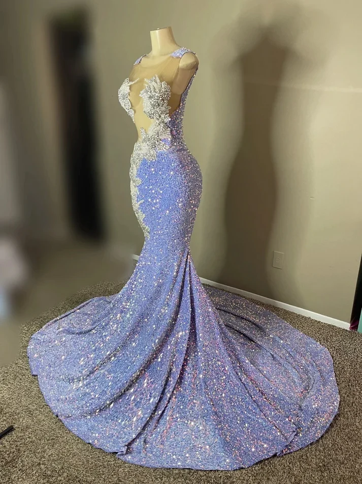 Lila Ballkleid Meerjungfrau Pailletten Applikationen Schwarzes Abendkleid für Mädchen, DP2388