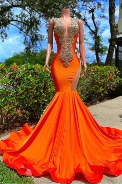 Robe de bal sirène longue orange et noire ornée de perles, DP2308