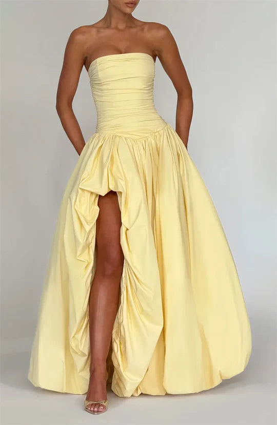 Charmantes, blassgelbes, trägerloses Ballkleid in A-Linie, trägerloses Abendkleid mit Schnürung, formelles Kleid DP6688