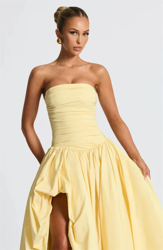Charmantes, blassgelbes, trägerloses Ballkleid in A-Linie, trägerloses Abendkleid mit Schnürung, formelles Kleid DP6688