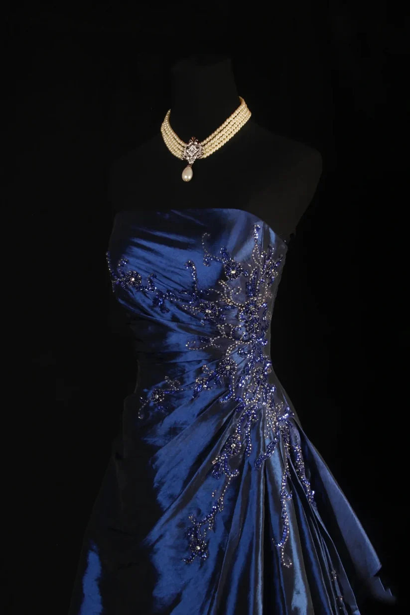 Elegant Navy Blue Satin Beaded Prom Dress A-Line Strapless Party Dress Long Formal Dress DP7003