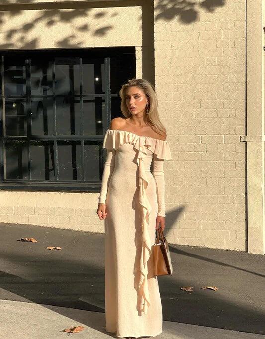 Ivory Off Shoulder Ruffle Long Party Dress with Slit,DP1824