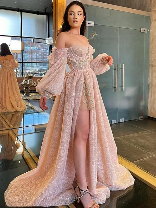 Robe de bal longue sexy en forme trapèze avec décolleté en cœur et fente latérale, DP0166