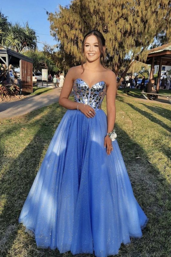 Robe de bal longue en tulle bleu à paillettes, coupe trapèze, sans bretelles, DP0243