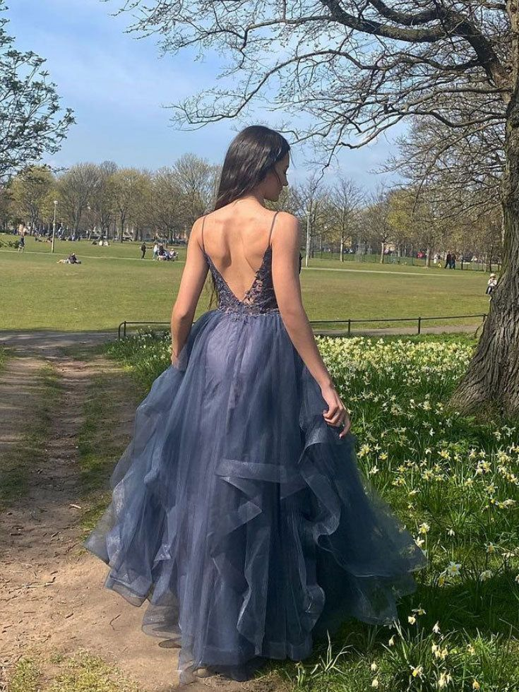 Gray Blue V Neck Tulle Lace Long Prom Dress Formal Dress,DP0242