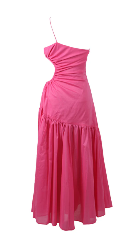 Robe de soirée longue rose vif asymétrique, coupe trapèze, DP2458